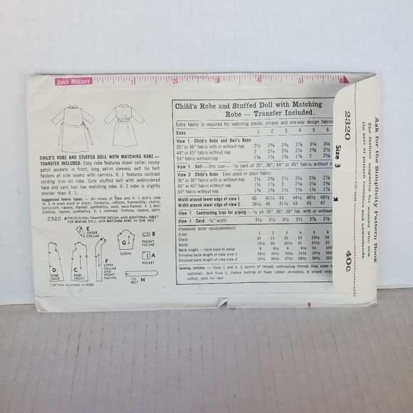 Vintage Simpicity Sewing Pattern 2320 Child's Robe Matching Stuffed Doll - Uncut - Picture 3 of 5